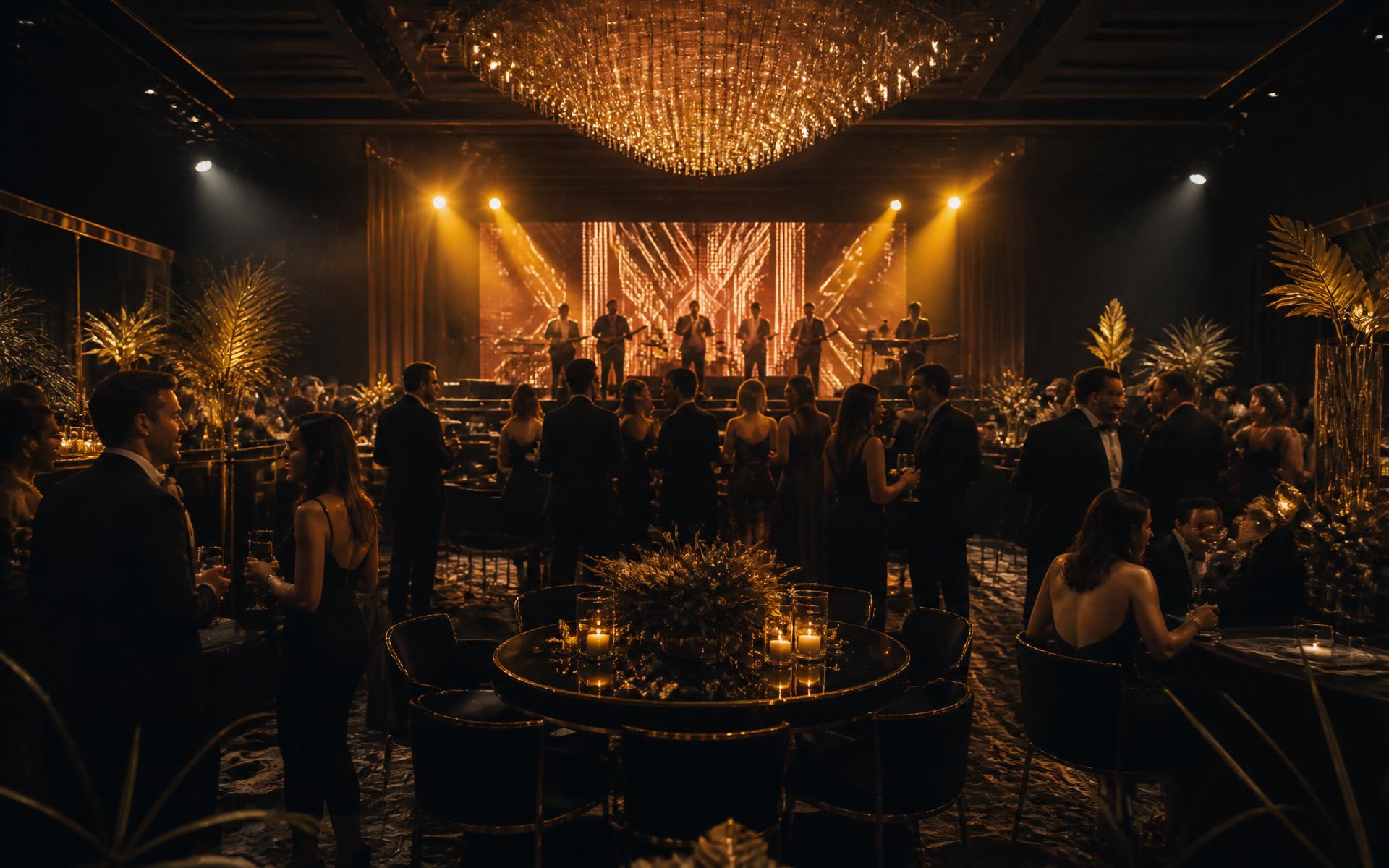 Elegant event space at night with warm gold stage lighting